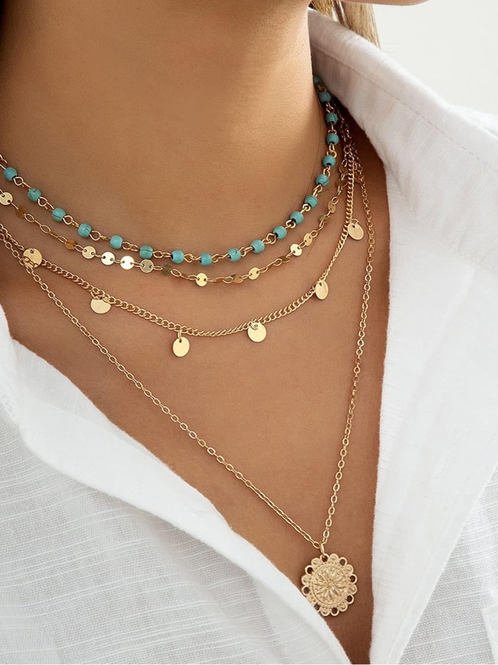 Anthropologie Gold Layered Medallion Necklace with Turquoise Beads